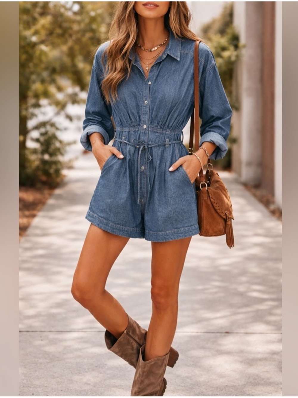 Free People Long Sleeve Denim Chambray Shorts Romper Size Small NWT New